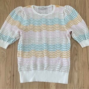 Loft crochet short puff sleeve wavy pastel stripe retro 70’s cottage top small